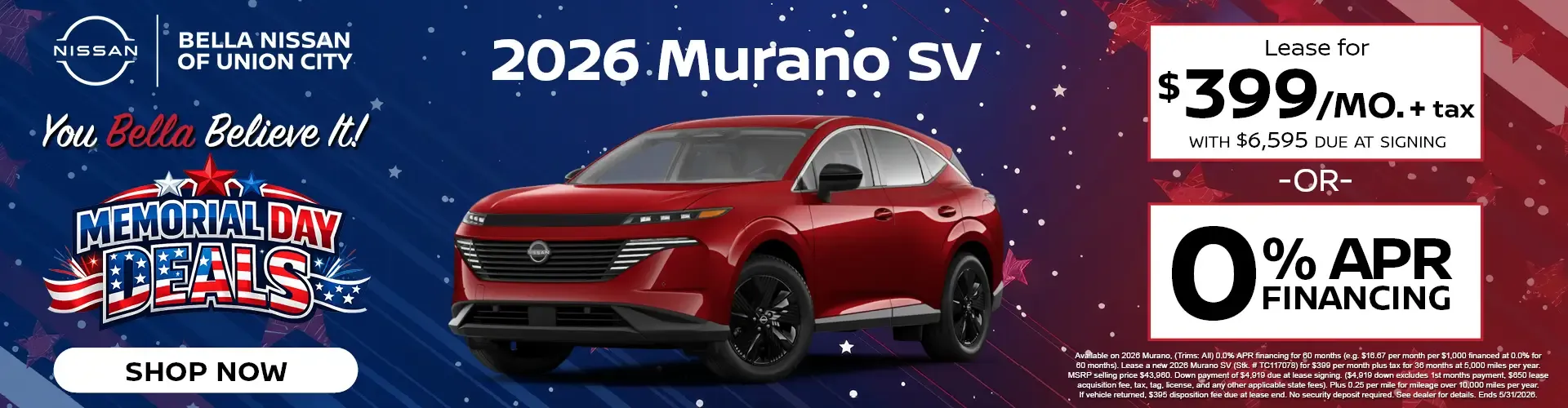 2026 Nissan Murano SV lease for 399 dollars monthly or zero percent financing at Bella Nissan of Union City Memorial Day